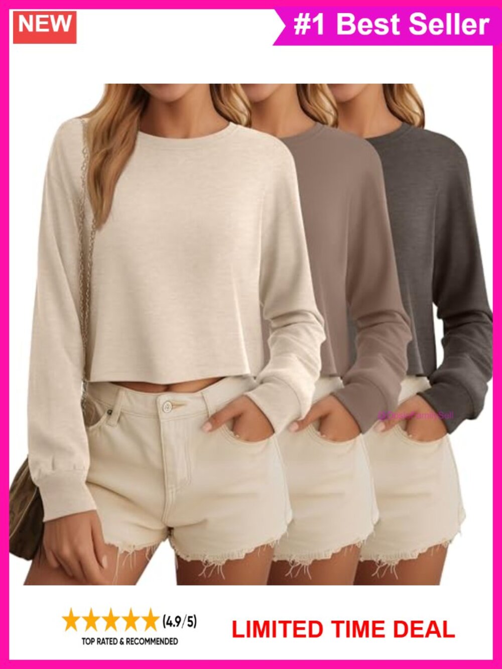 3 Pack Long Sleeve Cropped Tops Cotton Blend Drop Shoulder Crew Neck